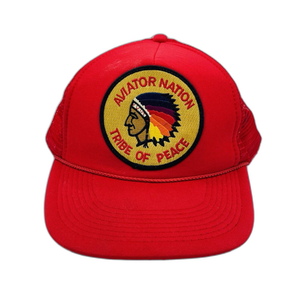 Aviator Nation Red Trucker Hat Logo Rare Tribe Of Peace Rainbow Feathers